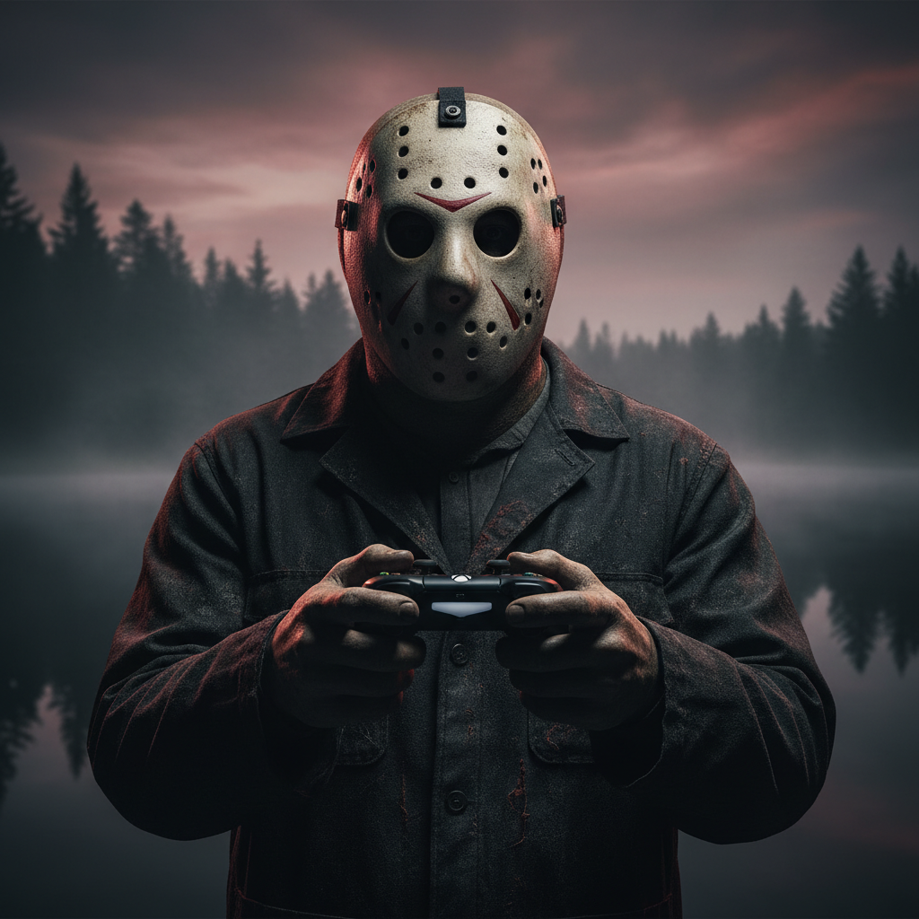 Imagen de alta calidad de Viernes 13 Jason Voorhees jugando Xbox con servicios relacionados a la consola.